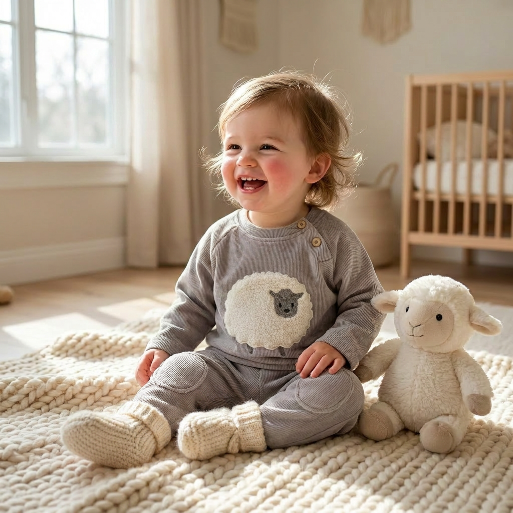 A happy toddler sitting on a nursery floor wearing the cozy grey knit sheep sweater and pants outfit.