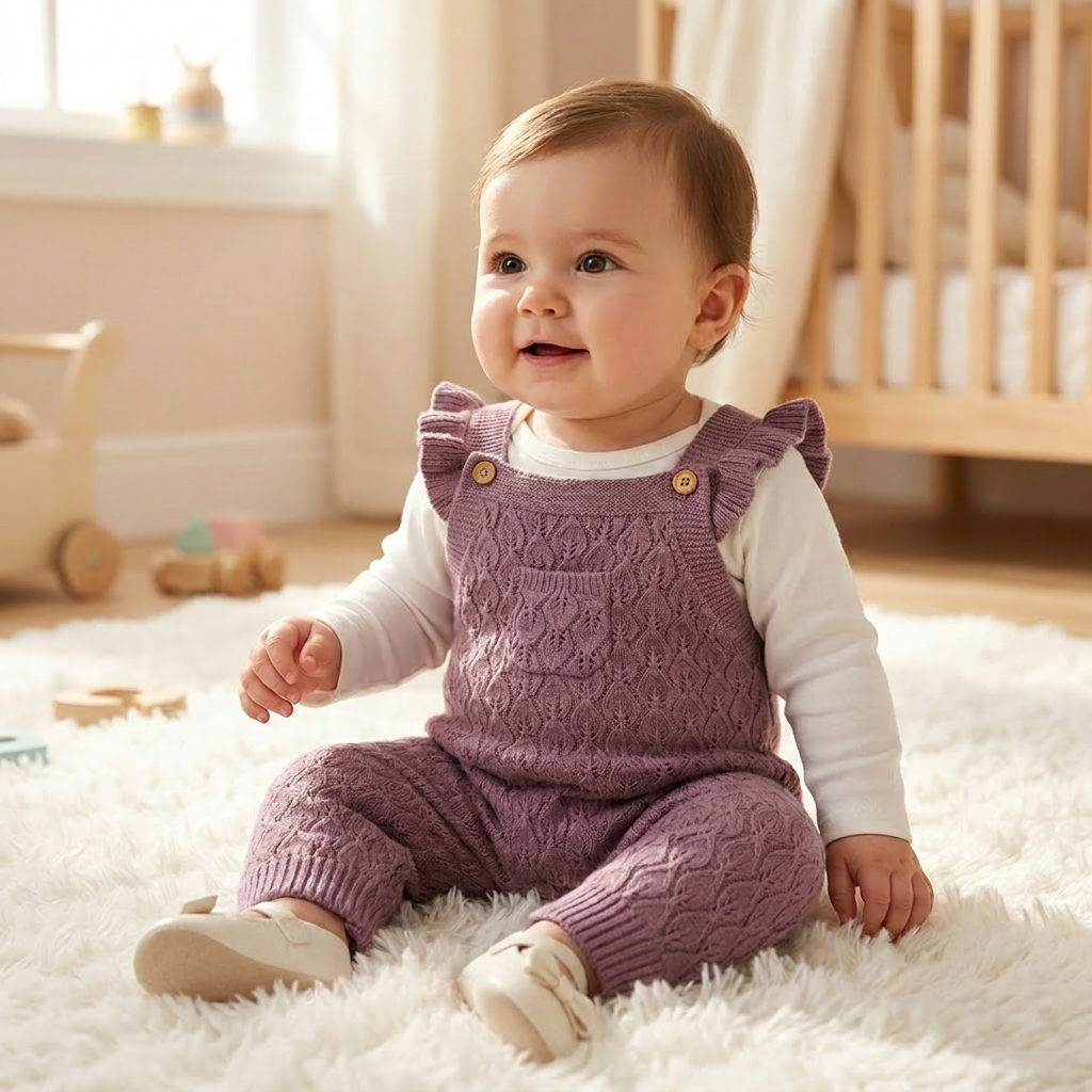 Smiling baby wearing a mauve ruffle knit suspender jumpsuit layered over a white long-sleeve bodysuit, sitting on a fluffy rug in a nursery.
