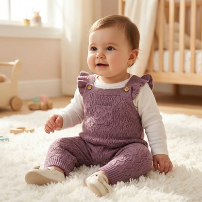 Smiling baby wearing a mauve ruffle knit suspender jumpsuit layered over a white long-sleeve bodysuit, sitting on a fluffy rug in a nursery.