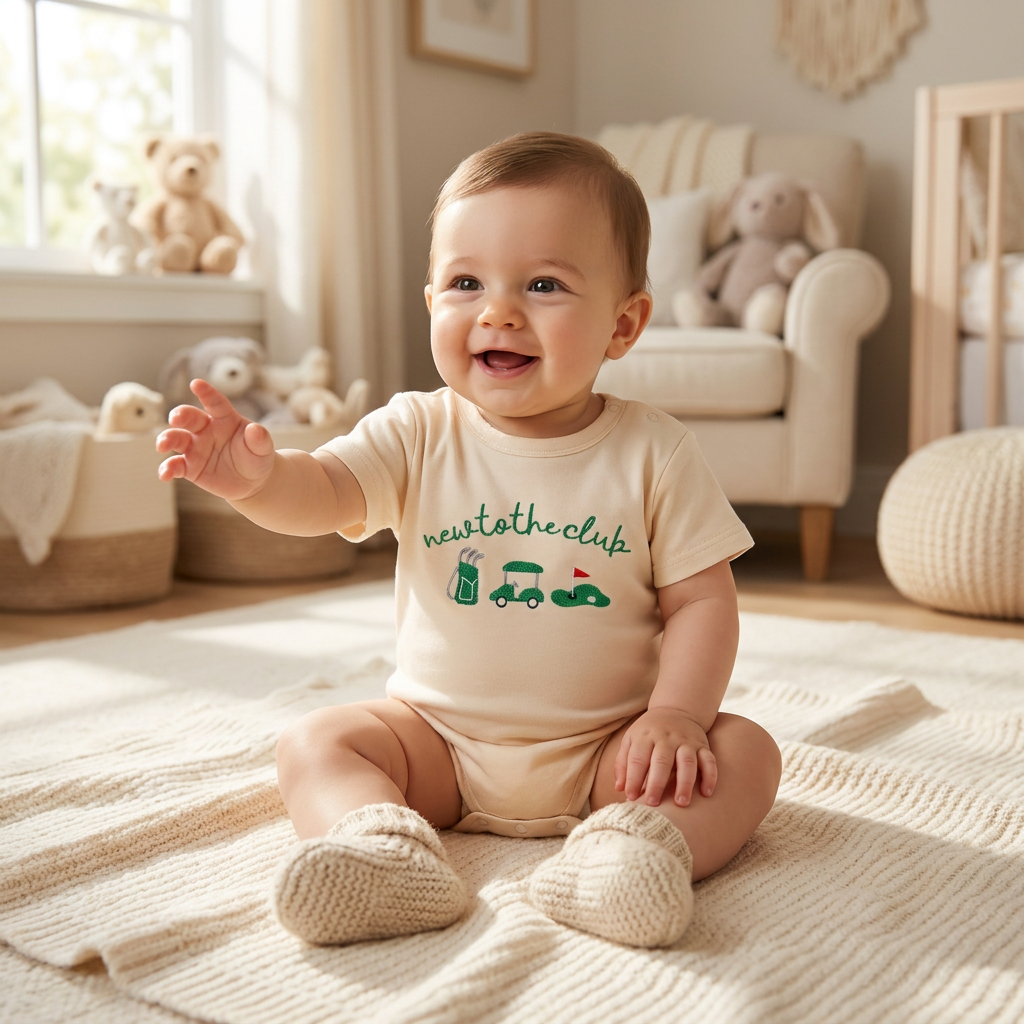 A happy smiling baby sitting on a nursery floor wearing the cream "New to the Club" short-sleeve golf bodysuit.