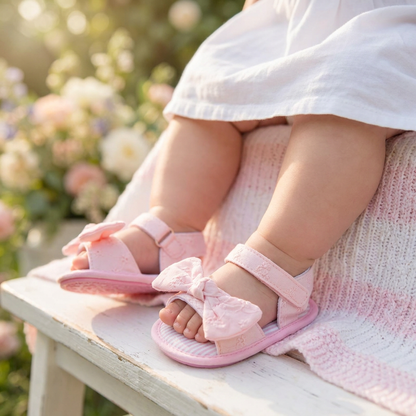 Infant girl's feet wearing soft pink eyelet bow sandals, demonstrating a secure fit.