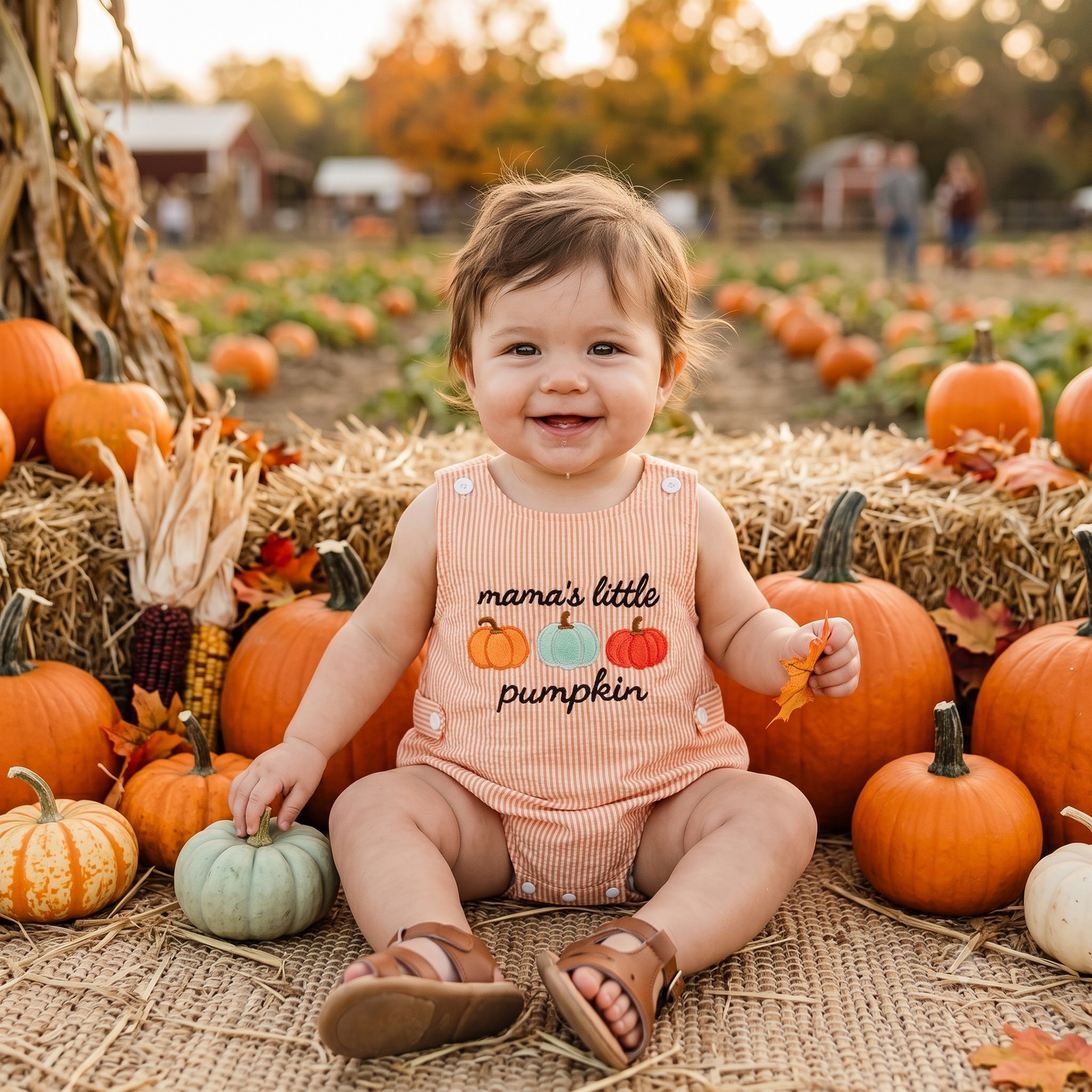 A smiling baby sitting in a pumpkin patch wearing the orange striped mama's little pumpkin bubble romper.