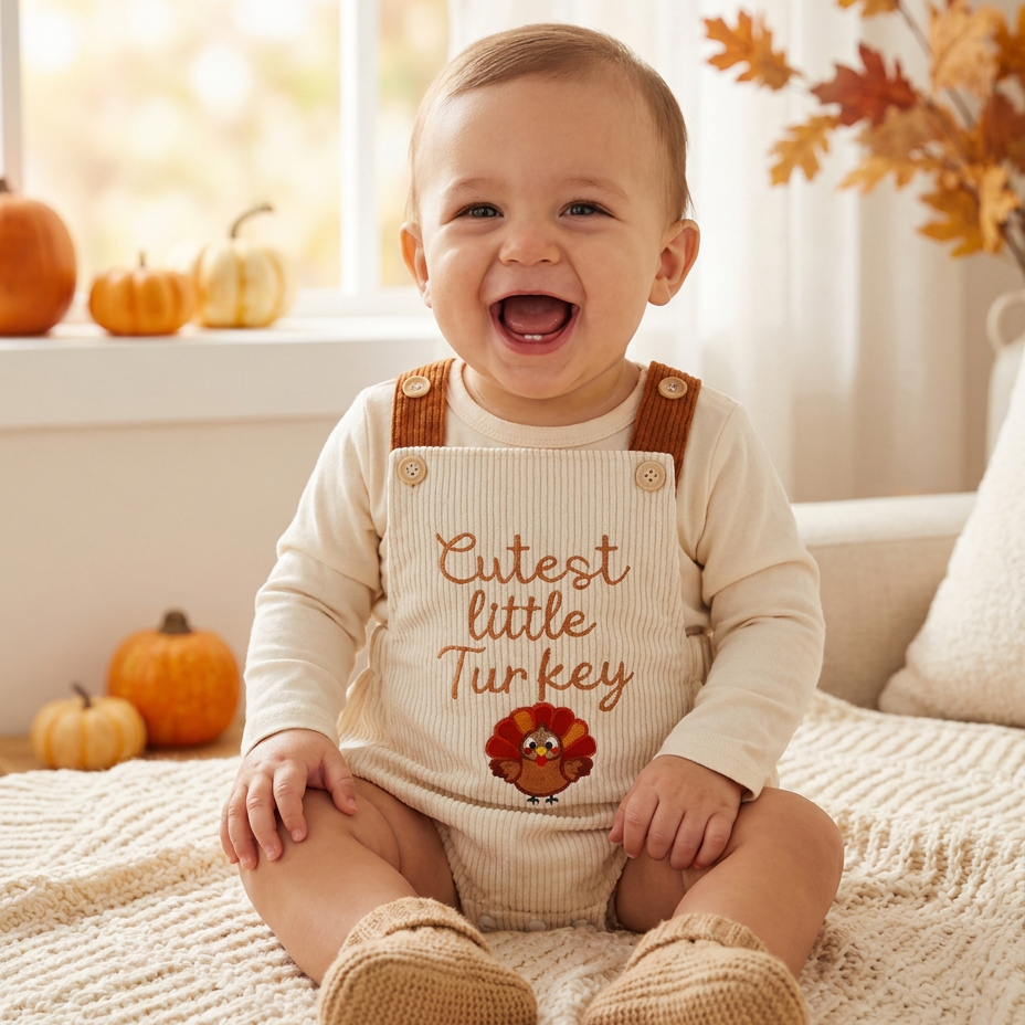 Smiling baby wearing a beige "Cutest little Turkey" corduroy romper sitting indoors with fall pumpkins and leaves.