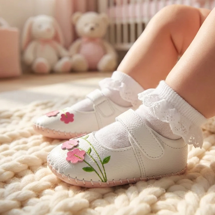 A lifestyle photograph of a baby sitting on a cozy beige knit blanket, wearing the white floral Mary Jane shoes with ruffled white socks. Provides context for scale and comfort.