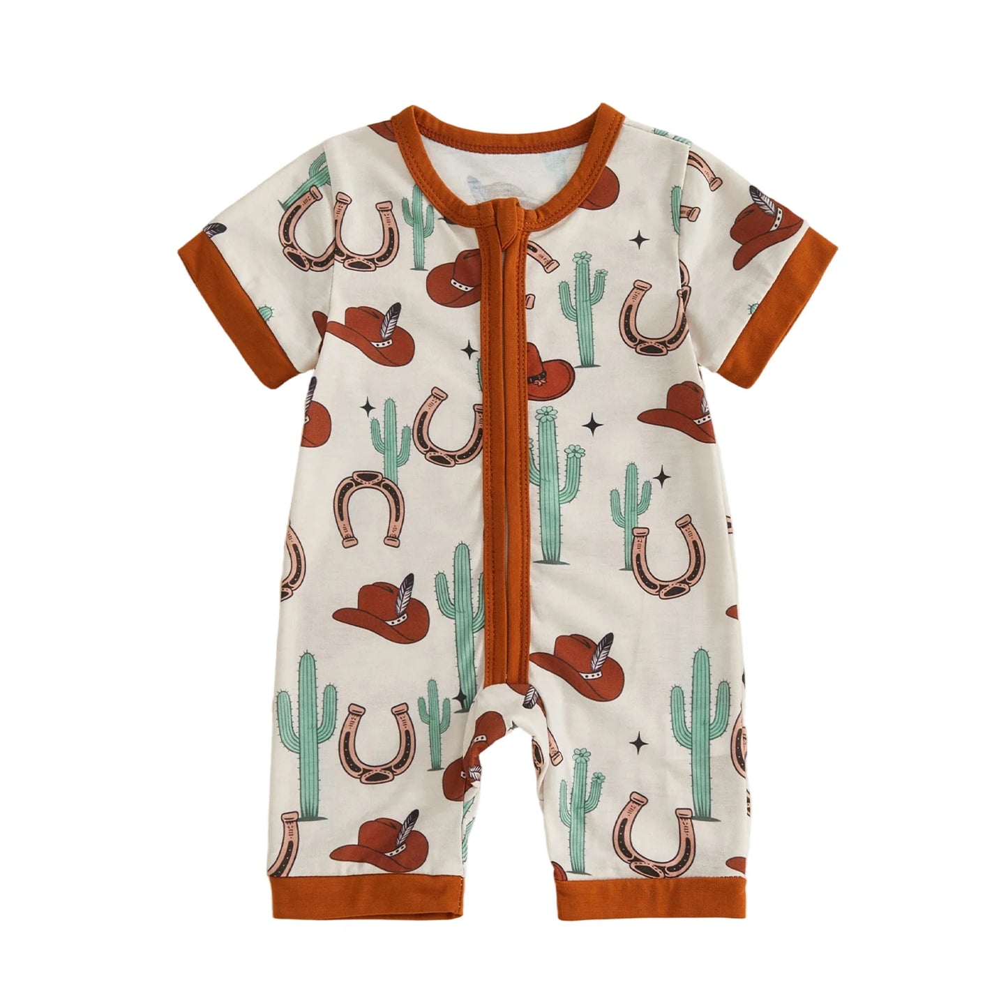 Front view of a cream infant short sleeve zip-up romper featuring a desert cactus, horseshoe, and brown cowboy hat pattern.