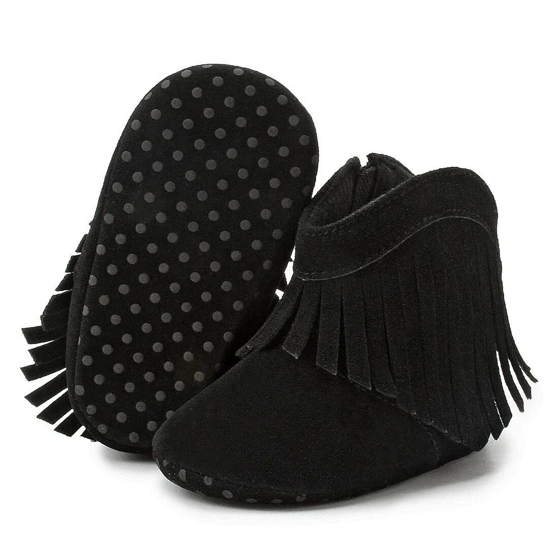 Black baby western fringe moccasin booties displaying the anti-slip flexible soft sole on a white background.