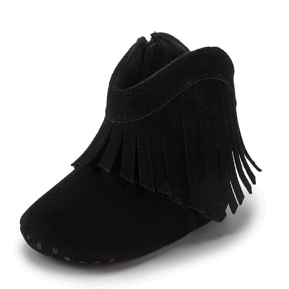Studio side profile view of a black baby western fringe moccasin bootie on a white background.