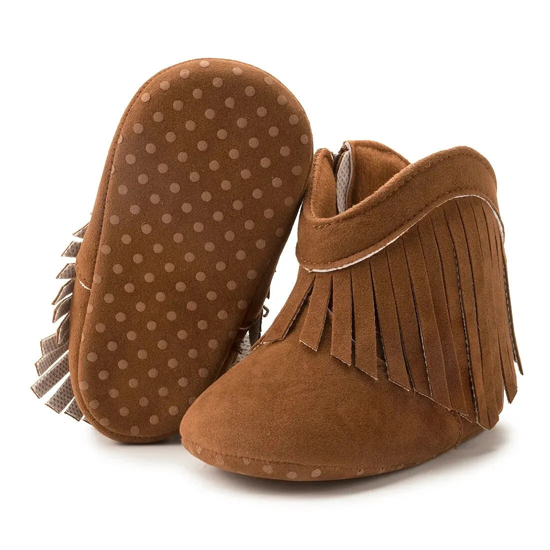 Side view of classic brown infant fringe suede moccasin booties with zipper detailing on a white background.