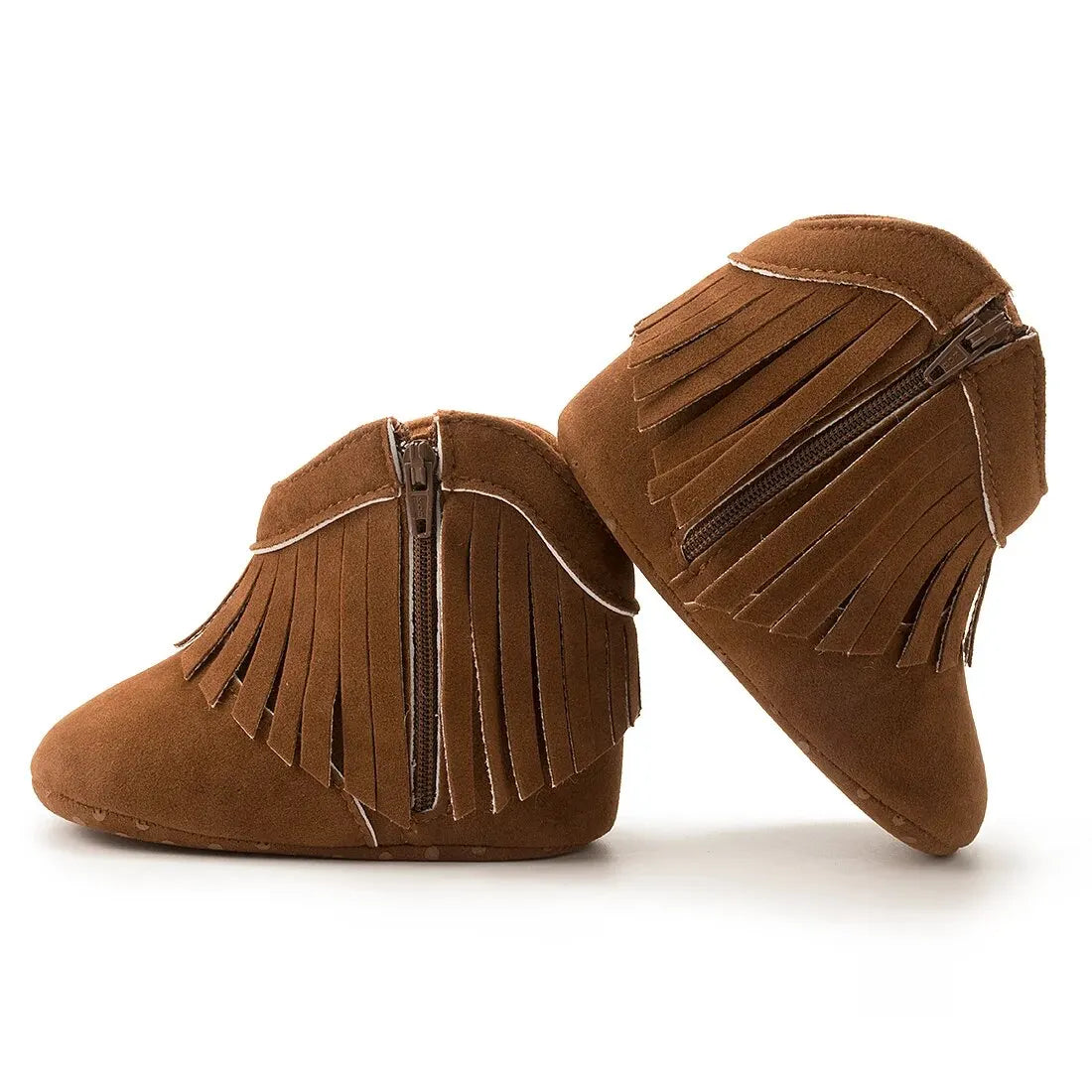 Side view of classic brown infant fringe suede moccasin booties with zipper detailing on a white background.