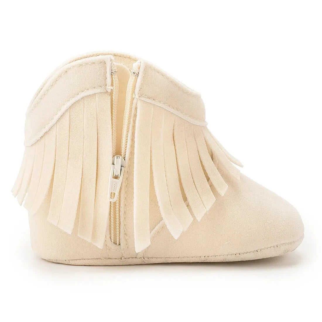 Close up view of the easy on-and-off side zipper closure on a cream baby western fringe moccasin bootie.
