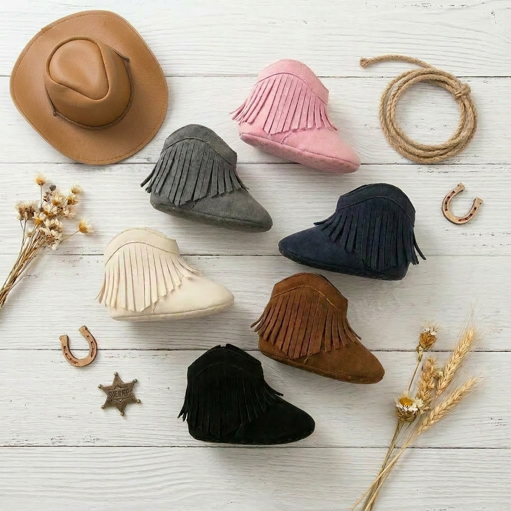 Overhead flat lay of Kidsely baby western fringe moccasin booties in pink, cream, gray, navy, brown, and black on a white wooden surface with a miniature cowboy hat, rope lasso, and sheriff star badge.