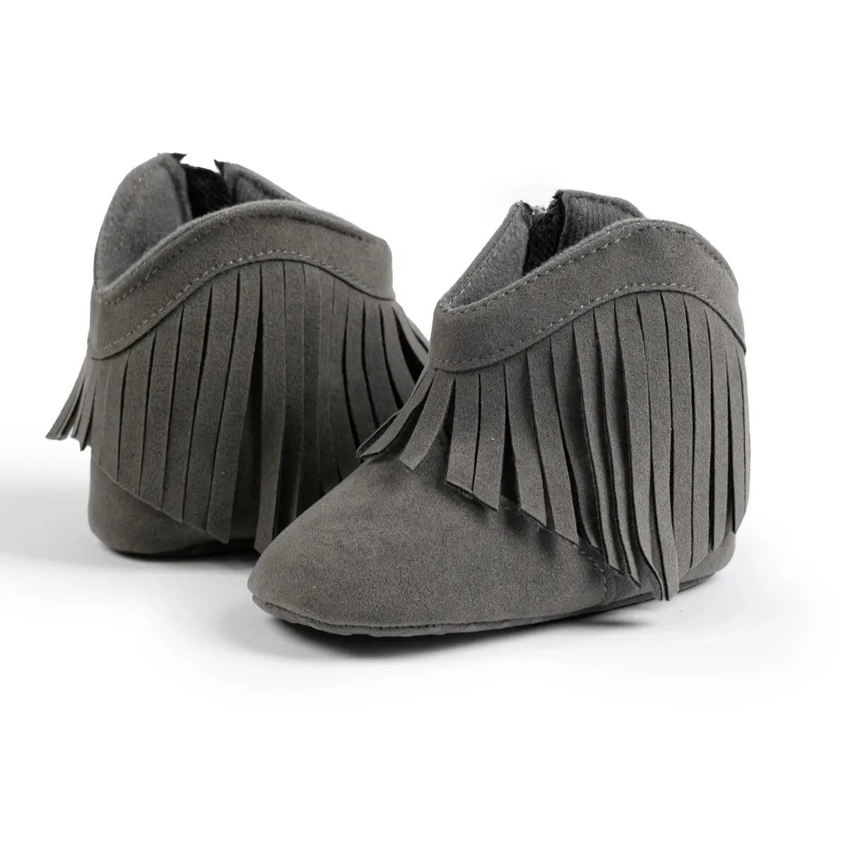 Rear and side angle view of gray infant fringe suede moccasin booties on a white background.