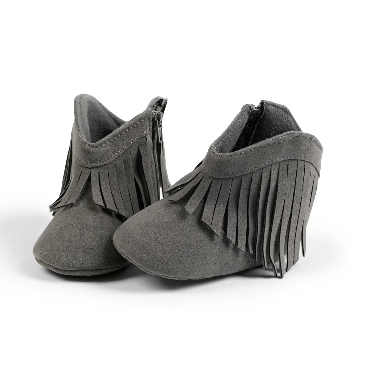 Pair of gray infant fringe suede moccasin booties, front view on a white background.