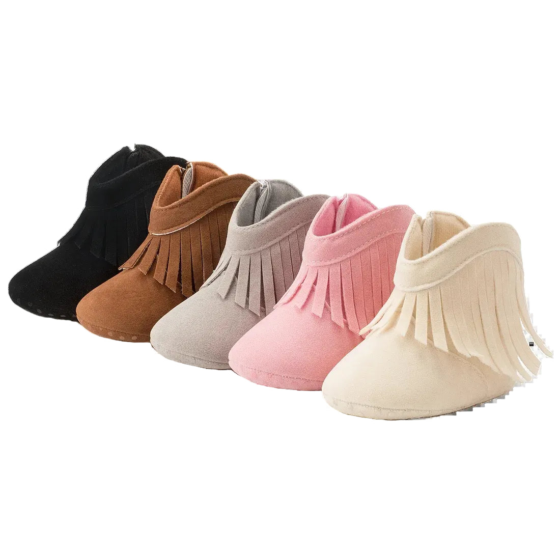 A group arrangement of Kidsely baby western fringe moccasin booties shown in black, brown, gray, pink, and cream colors on a clean white background.