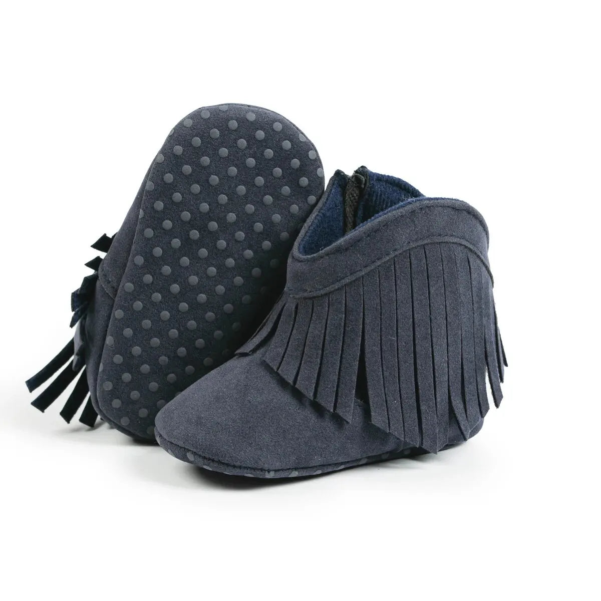 Navy blue baby western fringe moccasin booties showcasing the anti-slip dotted sole on a white background.