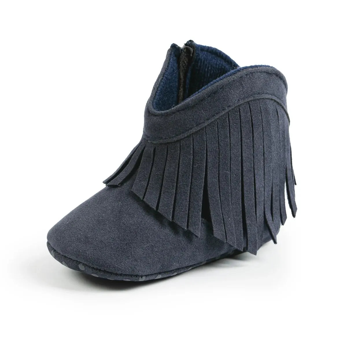 Pair of navy blue baby western fringe moccasin booties, front view on a white background.