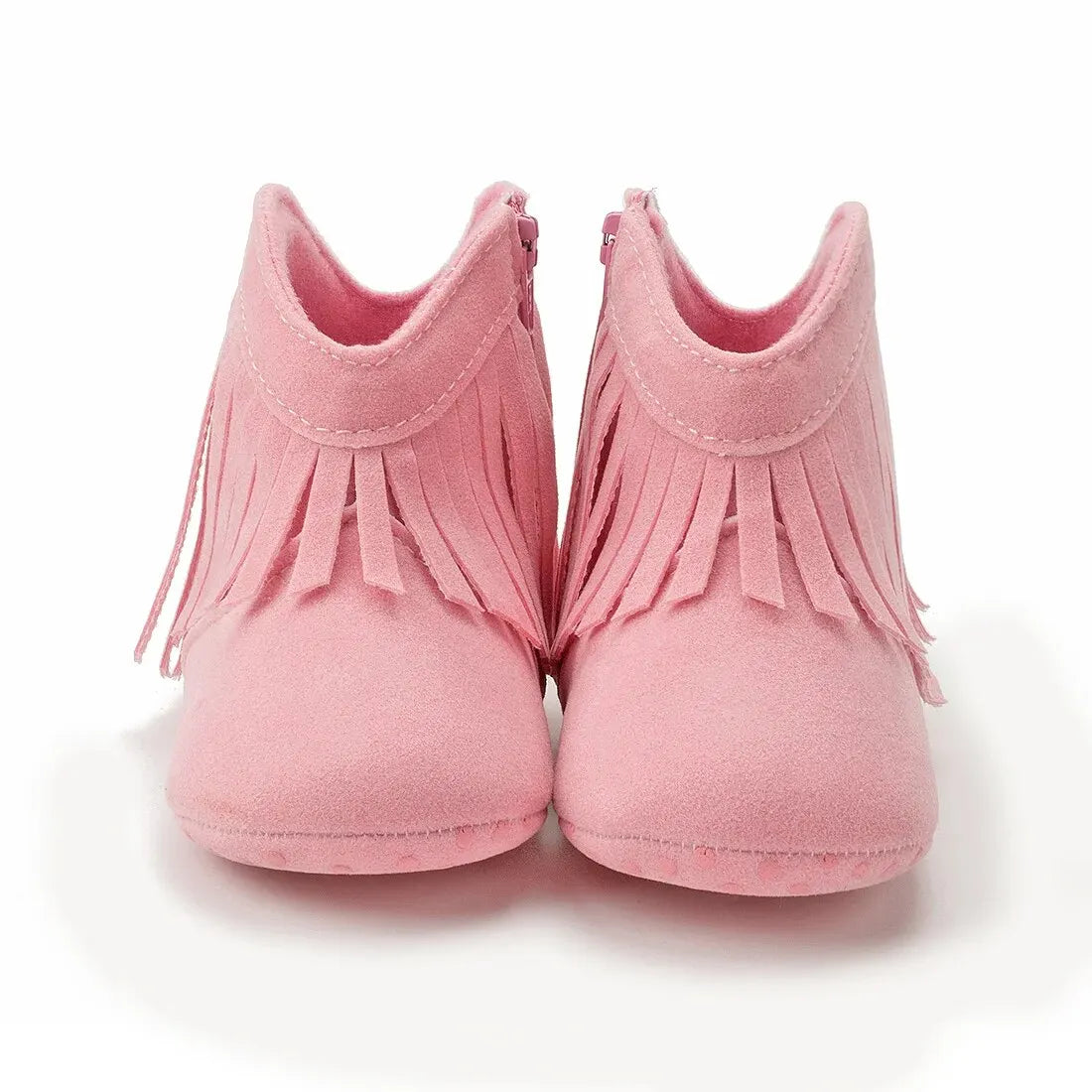 Pair of pink baby western fringe moccasin booties, front view on a white background.