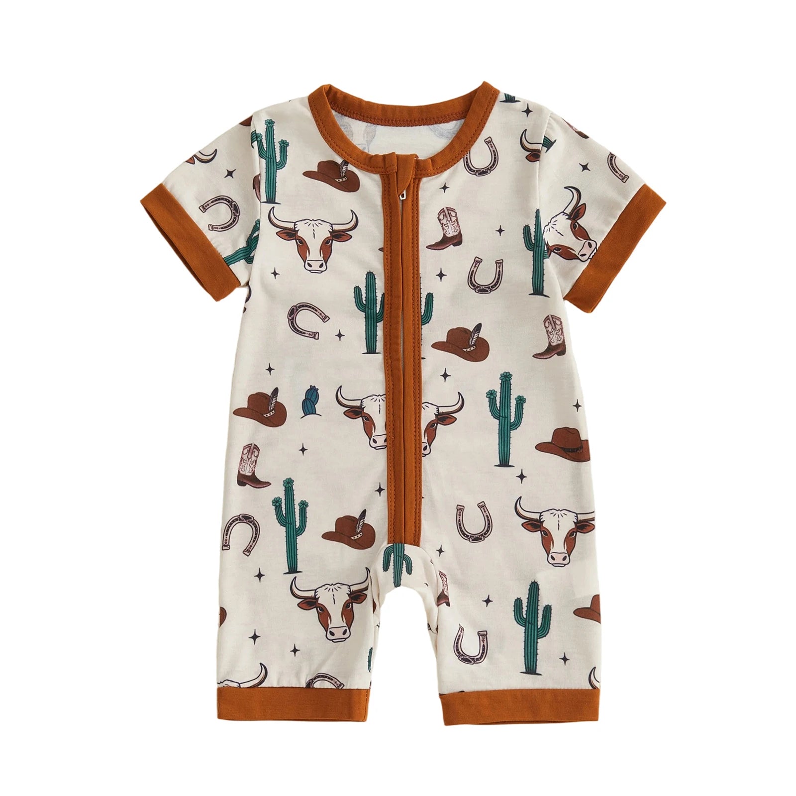 Front view of a cream-colored infant baby short sleeve zip-up romper featuring a western longhorn skull, cactus, and cowboy hat print with brown trim.