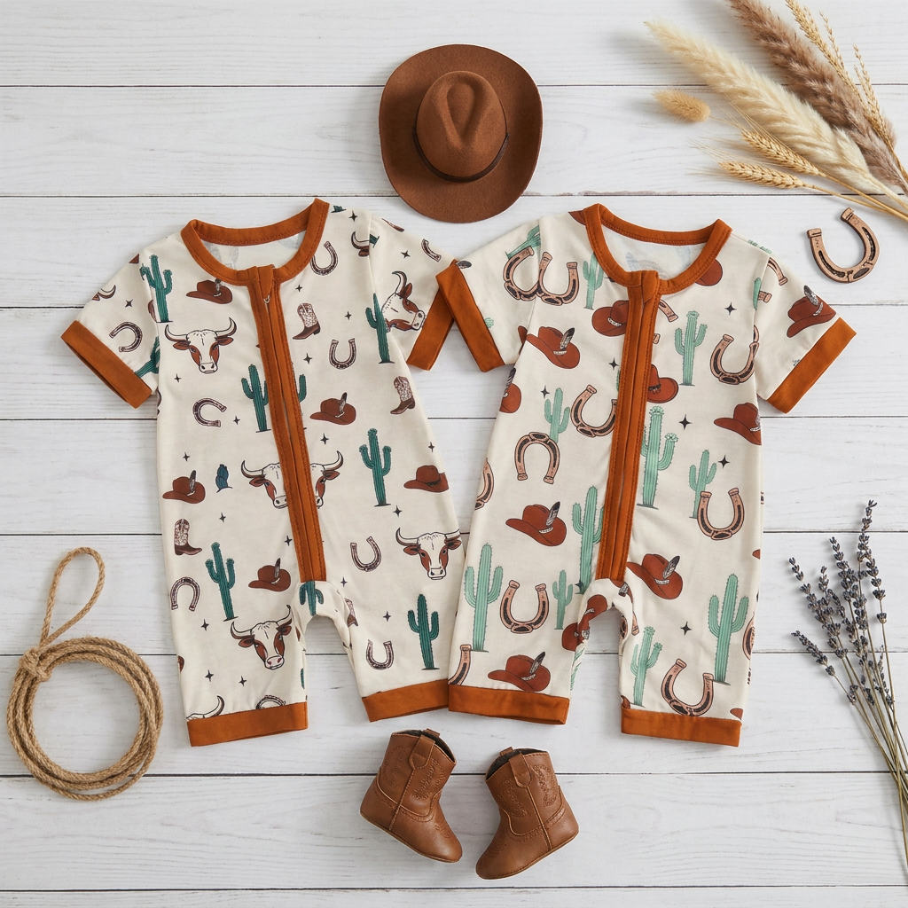 Flat lay display comparing both cream western baby romper styles side-by-side: the longhorn skull variant and the desert cactus variant, styled with cowboy boots and hats.
