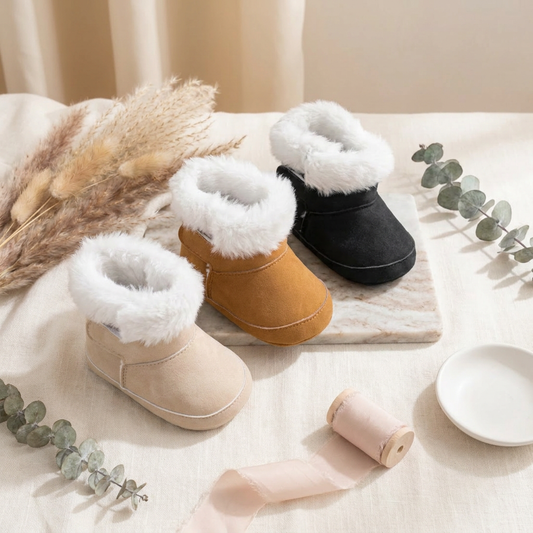Three pairs of baby soft sole crib boots in beige, brown, and black arranged on a neutral flat lay background.
