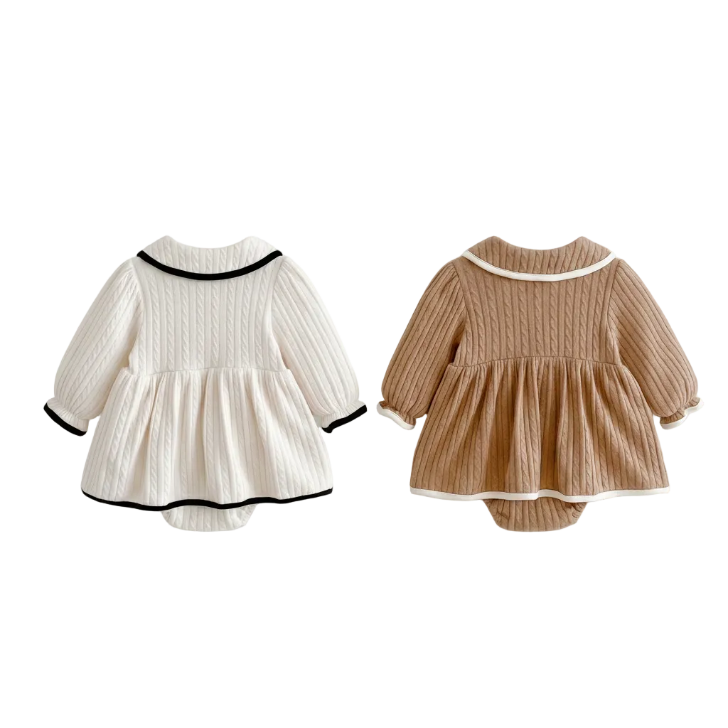 Back view of both the ivory and chestnut baby girl cable knit romper dresses showing the clean collar line and flared skirt.