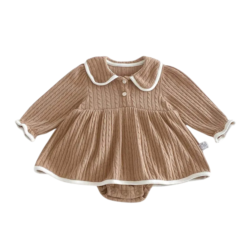 Back view of both the ivory and chestnut baby girl cable knit romper dresses showing the clean collar line and flared skirt.