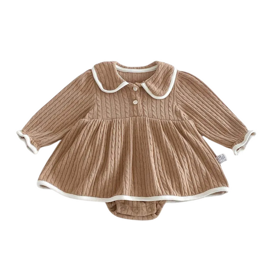 Back view of both the ivory and chestnut baby girl cable knit romper dresses showing the clean collar line and flared skirt.