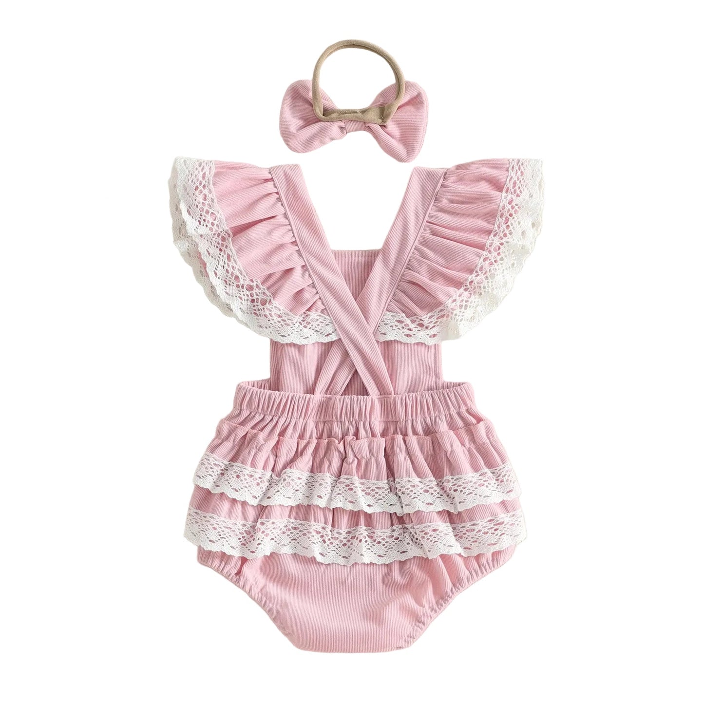 Full back view of the pink baby girl romper and headband set, displaying the cross-strap design and tiered lace ruffle butt.