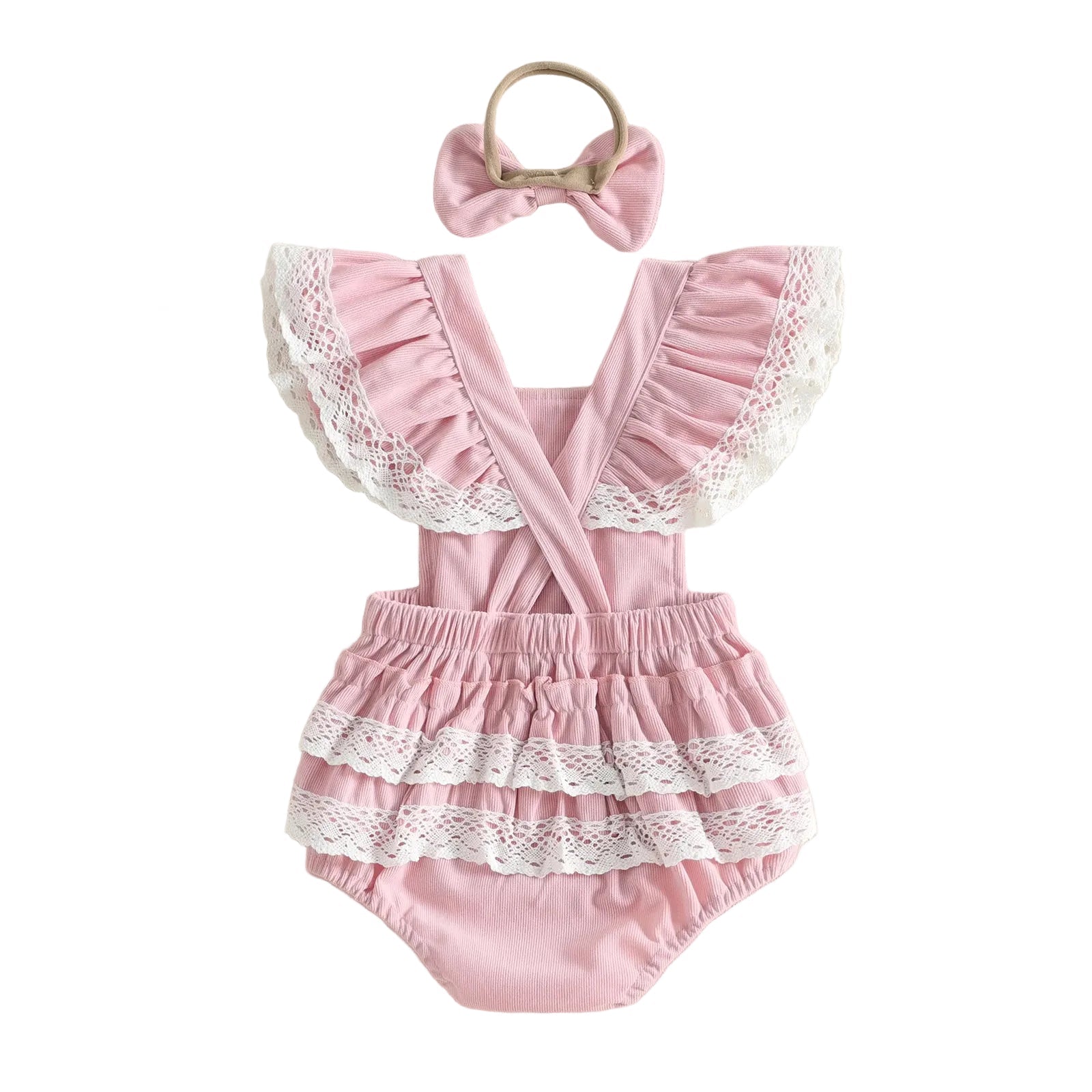 Full back view of the pink baby girl romper and headband set, displaying the cross-strap design and tiered lace ruffle butt.