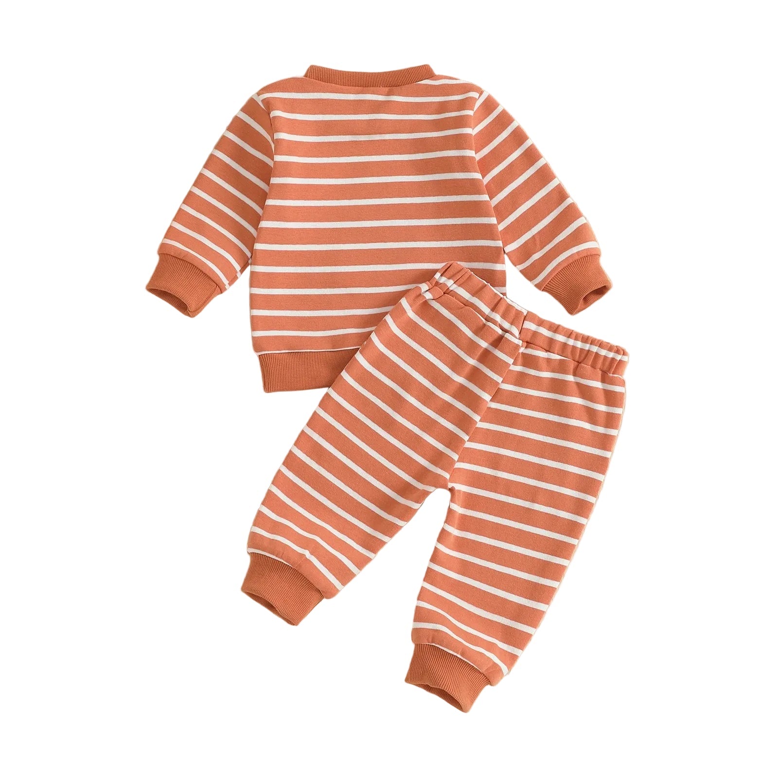Back view of the baby and toddler unisex orange and white striped long sleeve crewneck sweatshirt and matching jogger pants set.