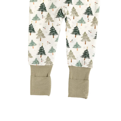 Close-up view of olive green convertible fold-over footie cuffs on Kidsely evergreen tree print bamboo romper