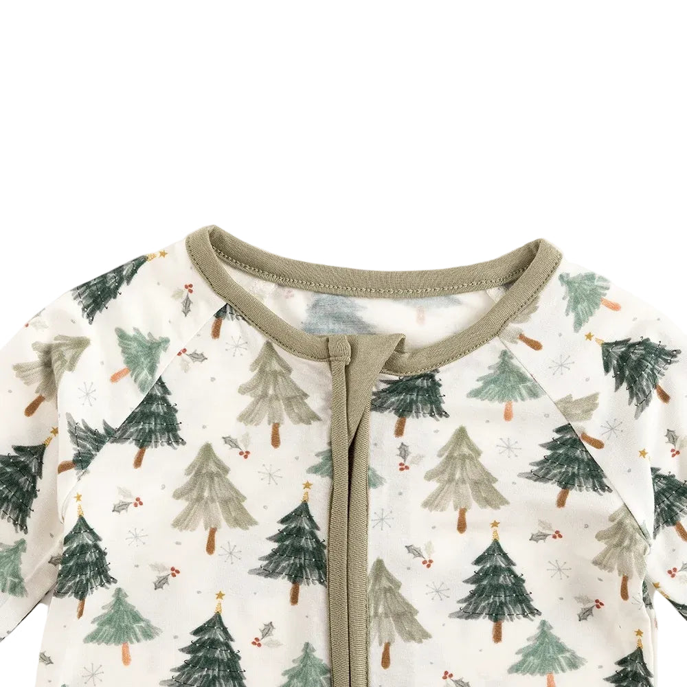 Close-up of olive green neckline trim and protective zipper guard on Kidsely evergreen tree bamboo baby sleeper