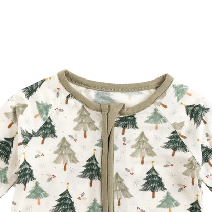 Close-up of olive green neckline trim and protective zipper guard on Kidsely evergreen tree bamboo baby sleeper