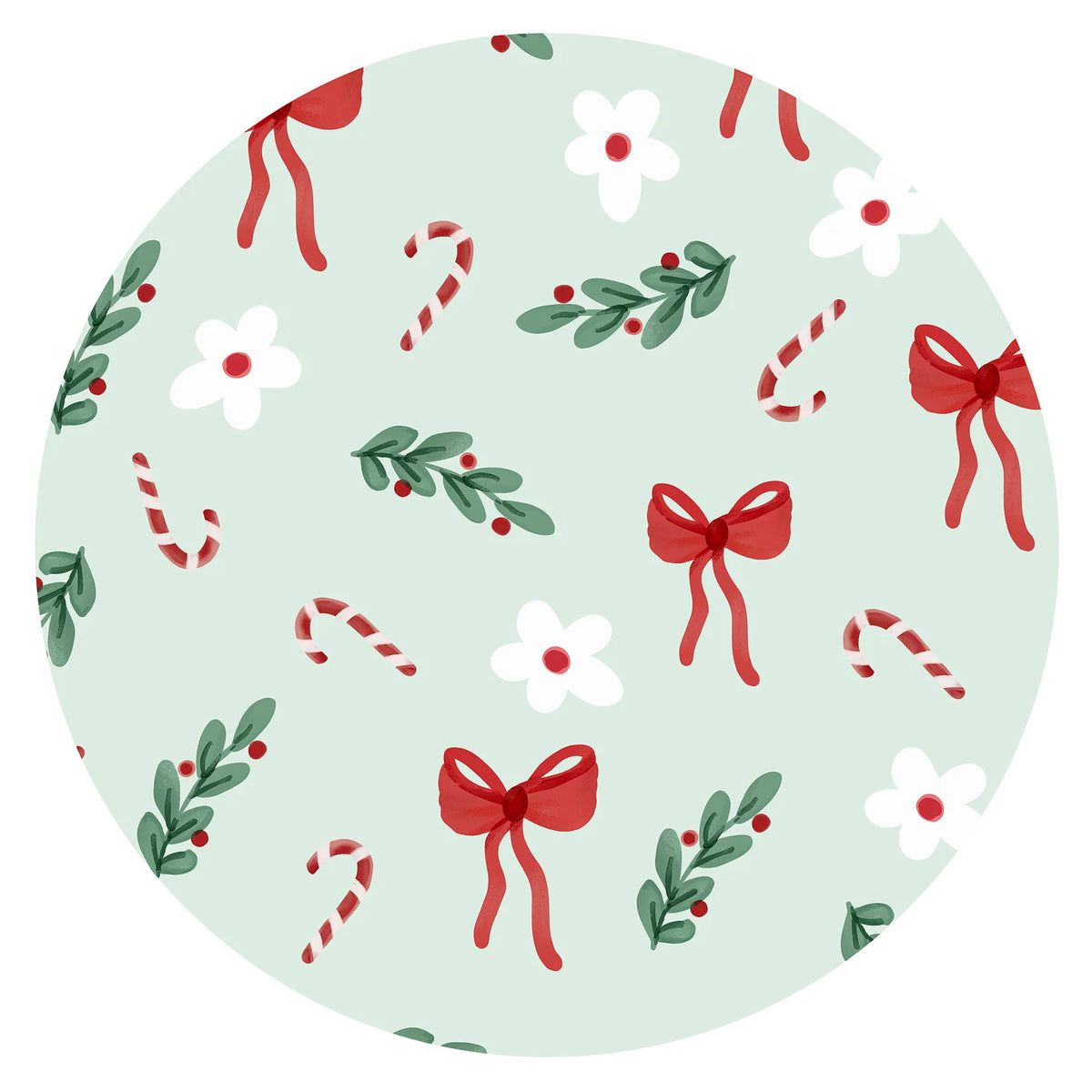 Close-up swatch detail of mint green bamboo fabric print featuring mini candy canes, red ribbon bows, white flowers, and holiday pine sprigs