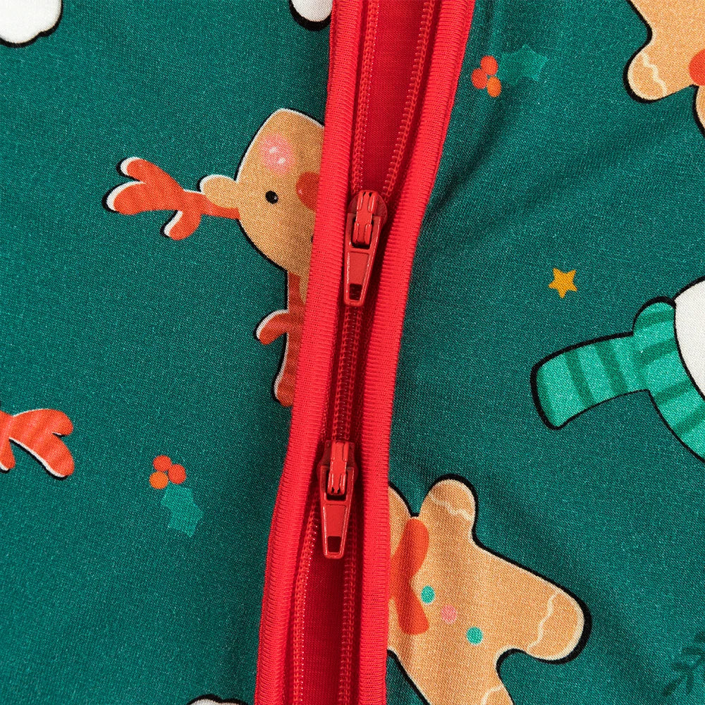 Close-up detail of smooth red 2-way dual zipper on Kidsely Santa and reindeer bamboo viscose baby pajamas