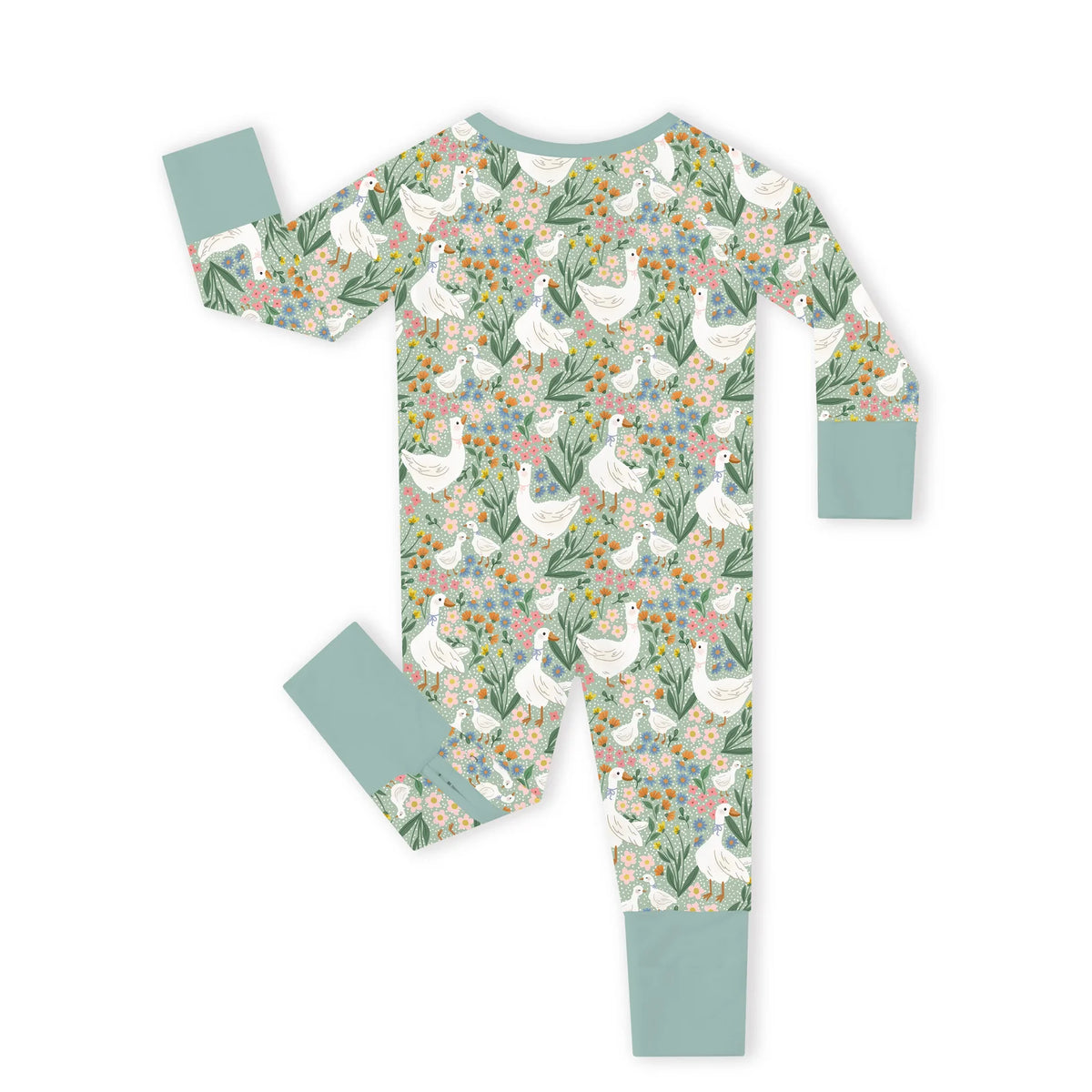 Full flat lay view of Kidsely bamboo viscose baby zipper romper sleeper in daisy goose garden print