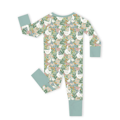 Full flat lay view of Kidsely bamboo viscose baby zipper romper sleeper in daisy goose garden print