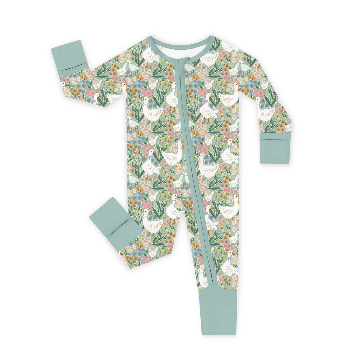 Kidsely soft bamboo viscose baby zipper romper in daisy goose garden floral print featuring fold-over mittens and convertible footies
