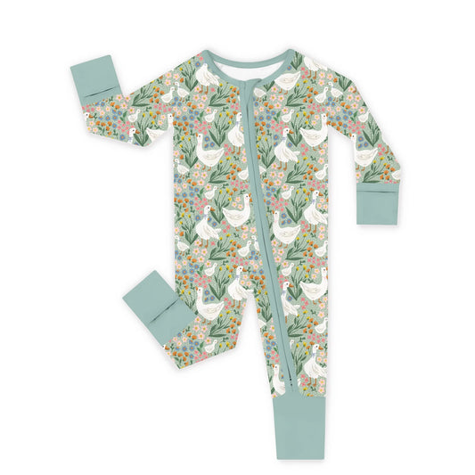 Kidsely soft bamboo viscose baby zipper romper in daisy goose garden floral print featuring fold-over mittens and convertible footies