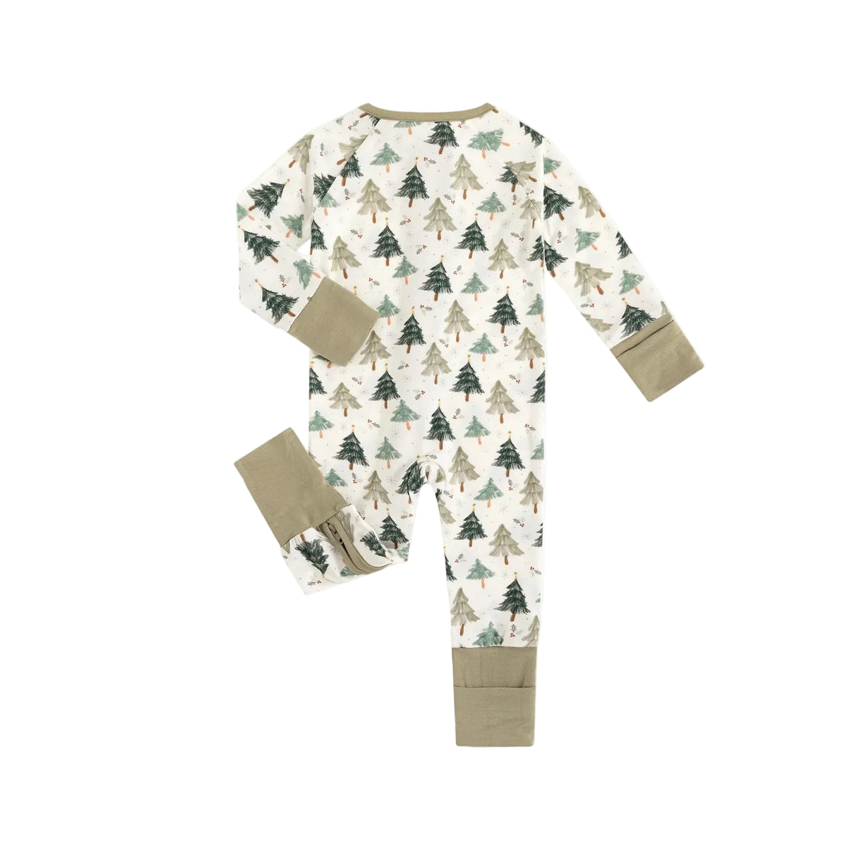 Full back flat lay view of Kidsely bamboo viscose baby zipper romper sleeper in vintage evergreen Christmas tree print