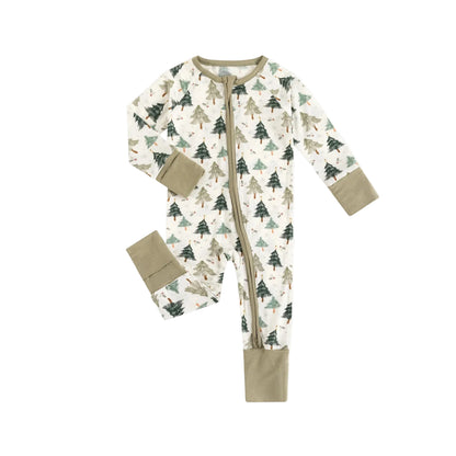 Kidsely soft bamboo viscose baby zipper romper in vintage evergreen Christmas trees print featuring fold-over mittens and convertible footies