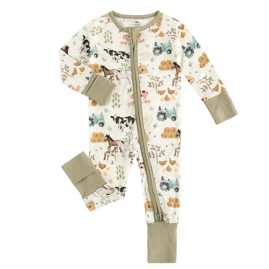 Kidsely soft bamboo viscose baby zipper romper in farm animals and green tractors print featuring fold-over mittens and convertible footies