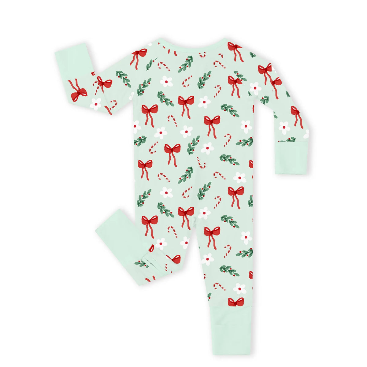 Full back flat lay view of Kidsely bamboo viscose baby zipper romper sleeper in mint Christmas candy cane and red ribbon bows print