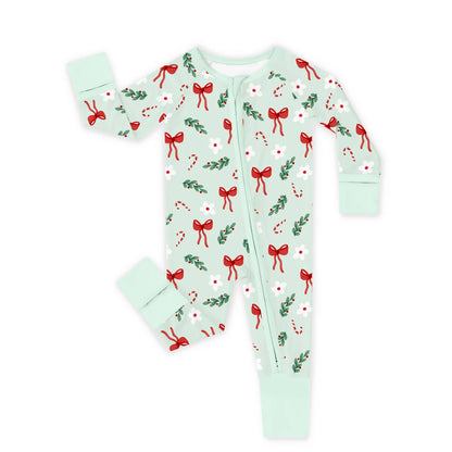 Kidsely soft bamboo viscose baby zipper romper in mint Christmas candy cane and red bows print featuring fold-over mittens and convertible footies