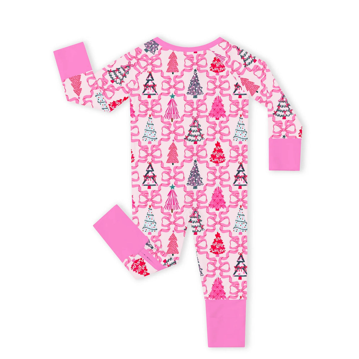 Full back flat lay view of Kidsely bamboo viscose baby zipper romper sleeper in pink holiday trees and bow print