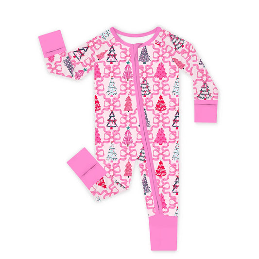 Kidsely soft bamboo viscose baby zipper romper in pink Christmas trees and ribbon bows print featuring fold-over mittens and convertible footies