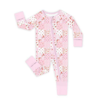 Kidsely soft bamboo viscose baby girl zipper romper in vintage pink floral patchwork quilt print with fold-over mittens and footies
