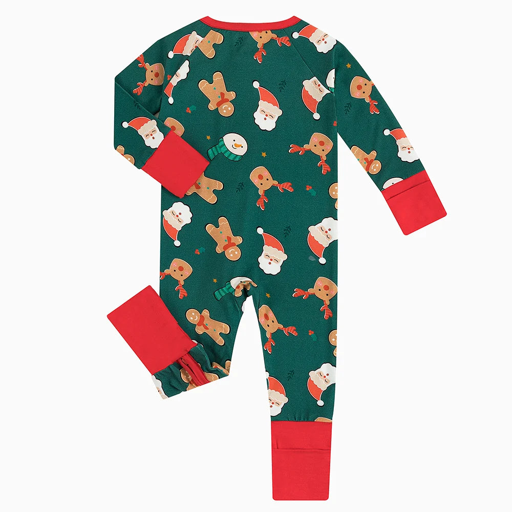 Full back flat lay view of Kidsely bamboo viscose baby zipper romper sleeper in jolly Santa and reindeer holiday print