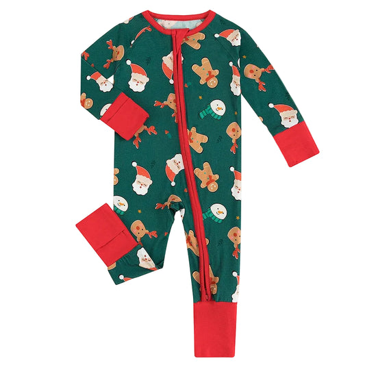 Kidsely soft bamboo viscose baby zipper romper in jolly Santa and reindeer Christmas print featuring fold-over mittens and convertible footies