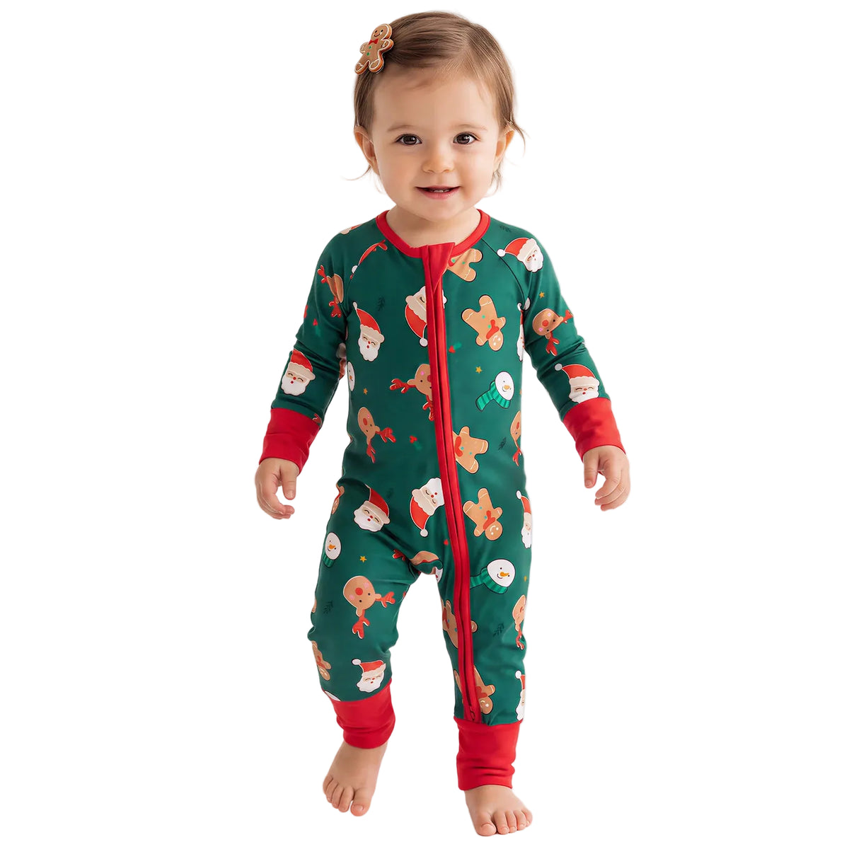 Baby model wearing Kidsely Santa and reindeer print bamboo viscose zipper romper sleeper with red cuffs